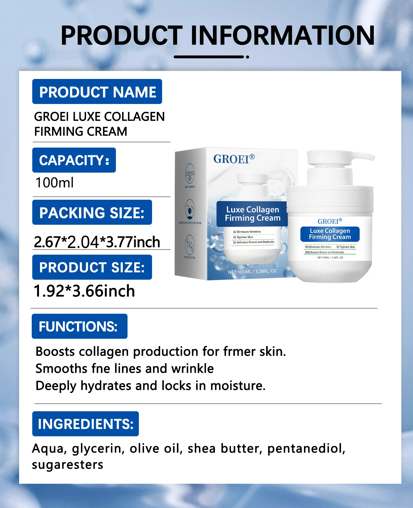 

GROEI Collagen Firming Cream 100ml - Anti Aging, Wrinkles Reduction, Deep Hydration, Tighten Skin