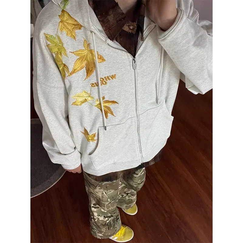 Retro American Maple Le Embroidery Open Cardigan Sweatirt Loose Fit Zipper Men's Autumn Winter Hooded Jaet Couple's Out...