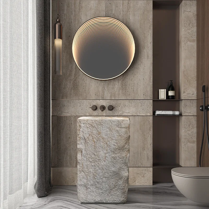 Personalized art high-end marble column basin cream wind stone pattern floor-to-ceiling integrated travertine washing table