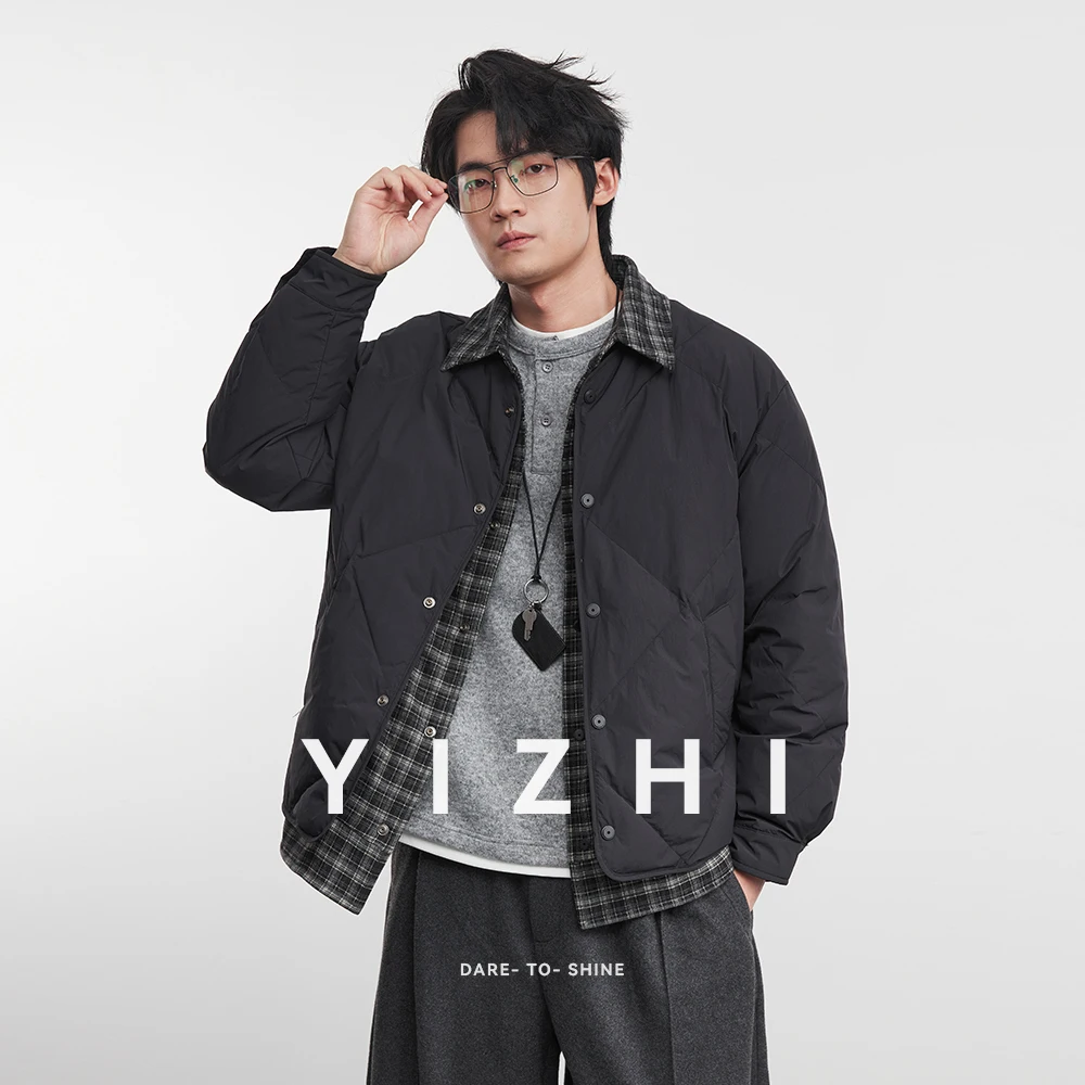 Fashion Men's 90% White Duck Down Faux Two-Piece Plaid Patchwork Lapel Down Jacket 2025 Winter Men's Warm Outerwear Jacket