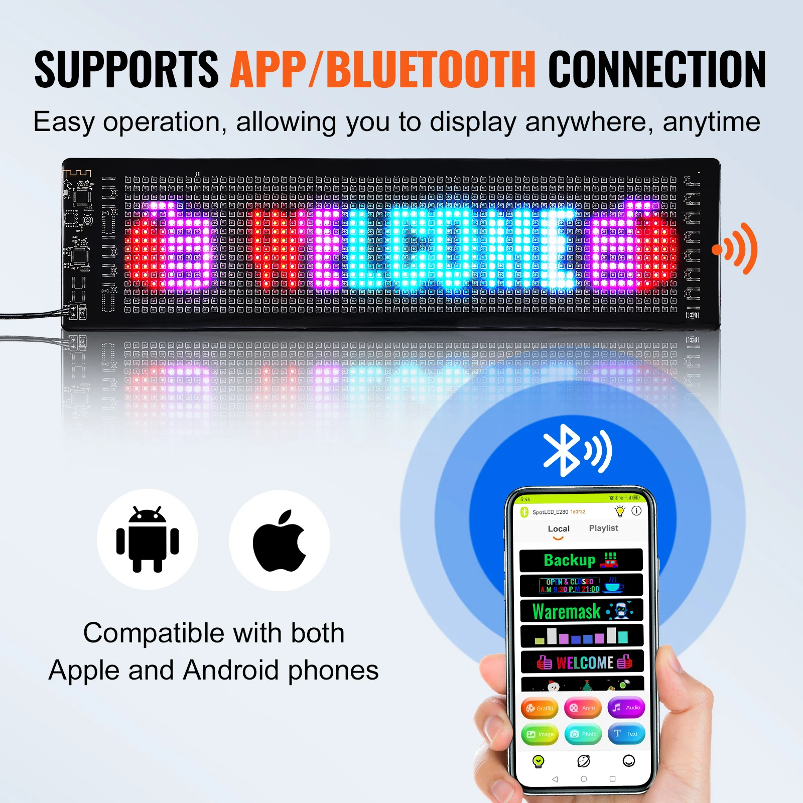 VEVOR Custom Text Animation Pattern Display Board Bluetooth APP Control Message Shop Sign for Store Business Car Bar Advertising