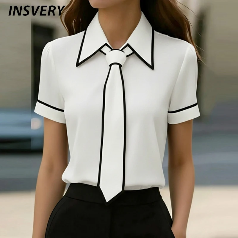 

Летняя женская блузка с коротким рукавом, отложным воротником, бантом и цветными вставками, офисная рубашка, модный топ для женщин