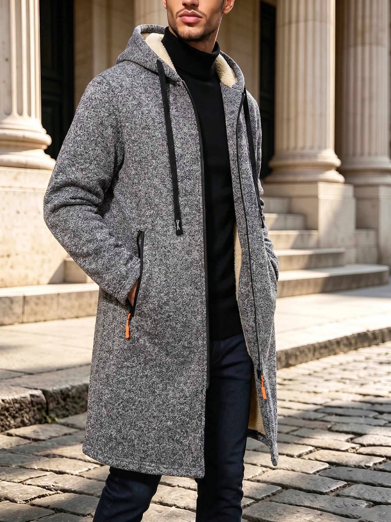 Men Mid‑Long Sherpa Lined Hooded Coat Full Zip Up Fleece Lined Jacket Zipper Pockets Casual Warm Winter Outerwear