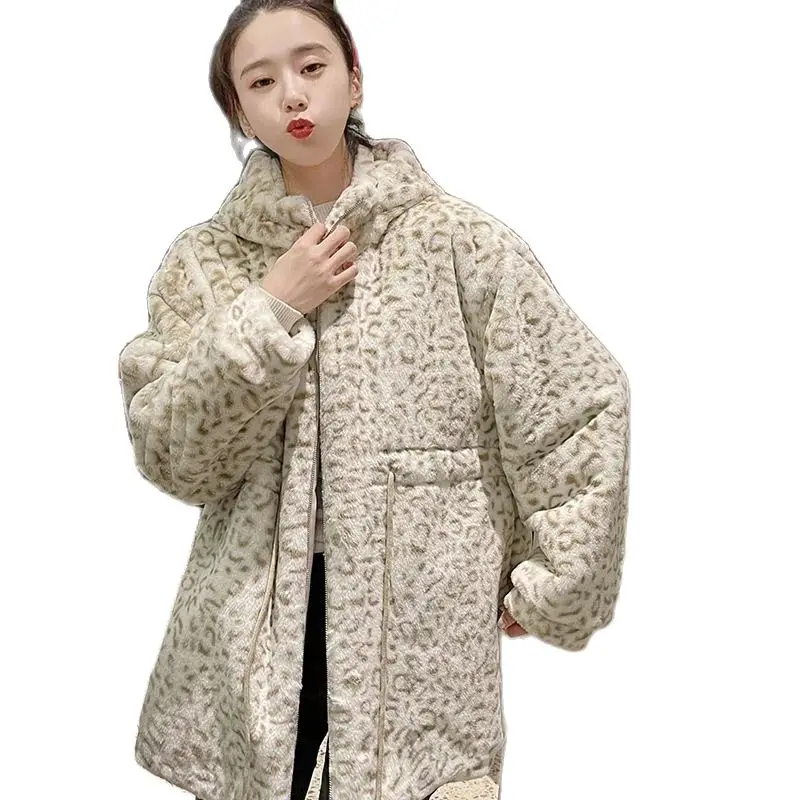 2022 Autumn Winter Faux Mink Fur Coat Women Leopard Print Fur Jacket Hooded Overcoat Young Girl Loose Long Outerwear Warm Tops