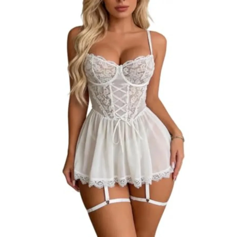 

Sexy Lingerie Set Sheer Mesh Lace Babydoll Nightdress Adjustable Shoulder Strap Skirt Nightgown for Women