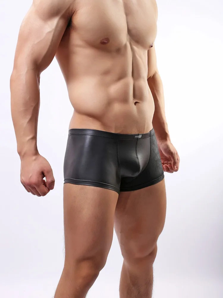 Fashion Design sexy mens plus size sexy underwear PU Faux  leather boxer shorts underpants low waist sexy Show wear Clubwear