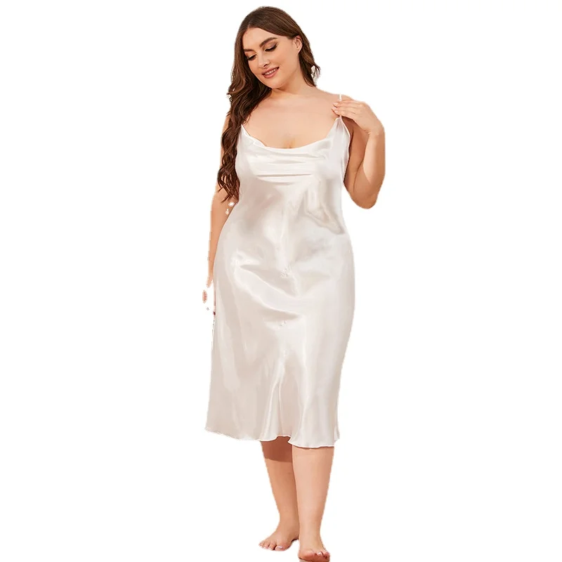 

Women Sleepwear Plus Size Sling Dress Curve Satin Silk Pajamas Dress Nightgown No See Through