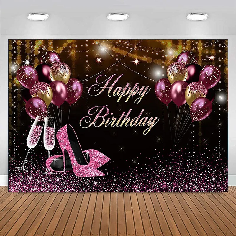 Glitters Backdrop Girl Women Happy Birthday Party Banner High Heels Champagne Golden Balloons Decorations Photography Background