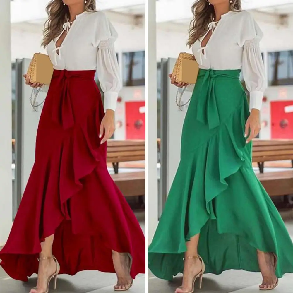 Fashion Spring Long Skirts 2023 Women Waist Belt Lace Fishtail Design Sexy Streetwear High Waist Irregular Ruffles Long Skirt