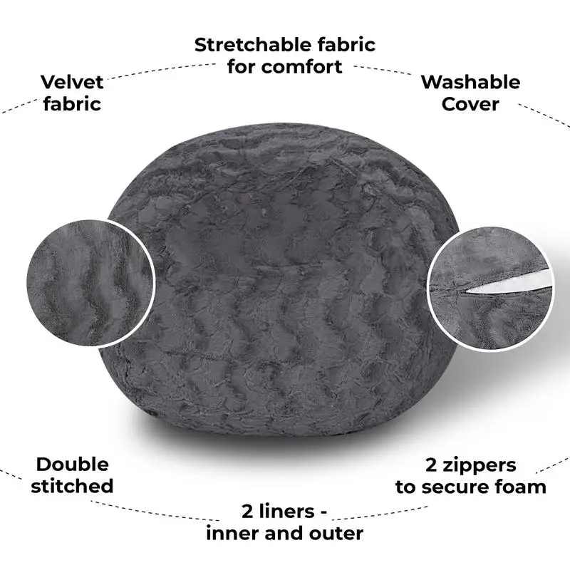 كرسي بين باج من الفرو الصناعي باللون الرمادي - كرسي مريح بطول 4 أقدام للأطفال والكبار، غطاء سهل التنظيف، مقعد مريح مليء بالتقطيع #3