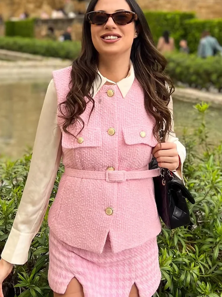 

HH Women Elegant Chic O-Neck Sleeveless Texture Vest Top Woman Button Pockets Decoration Casual Slim Waistcoat Top Mujer