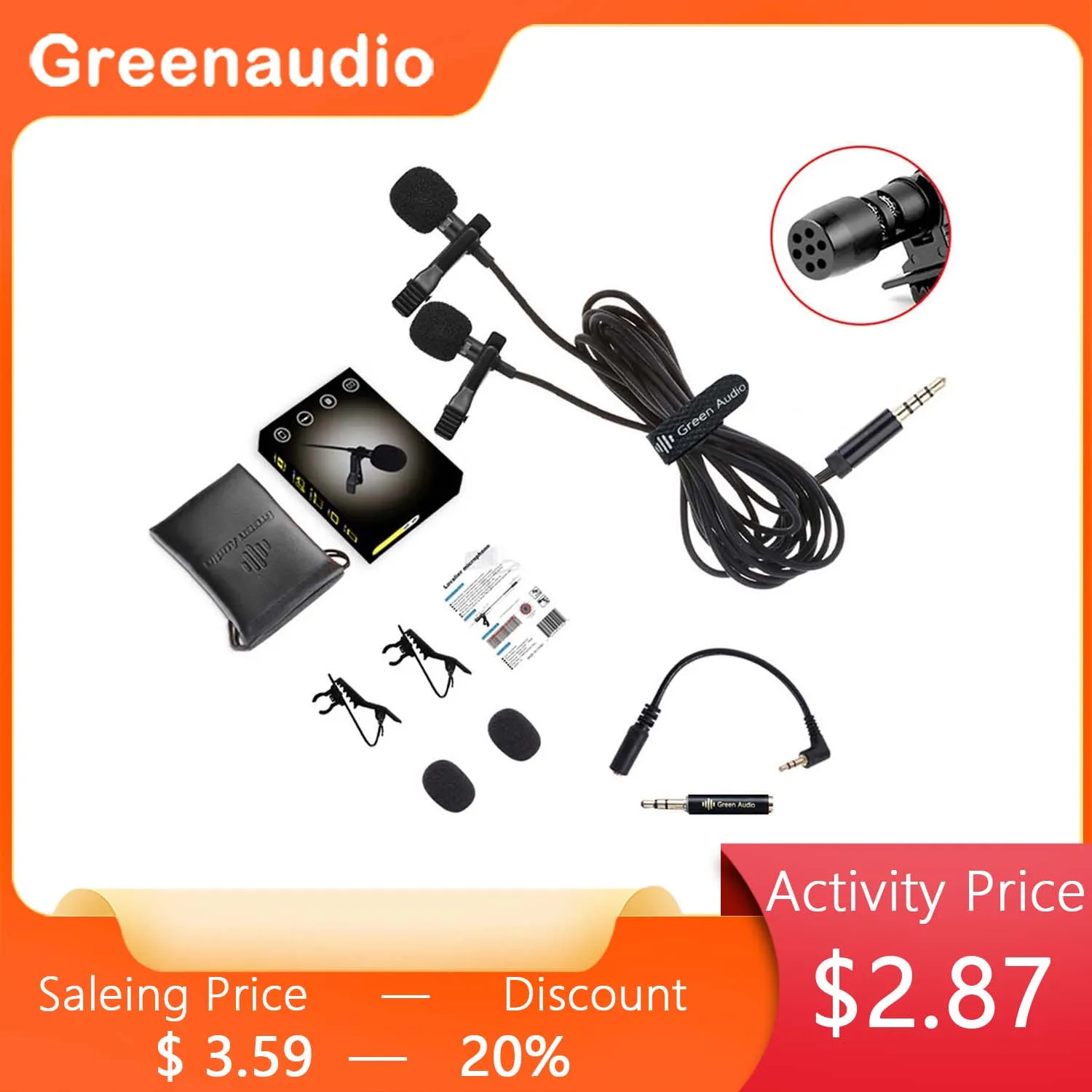 GAM-16D Portable Dual-Head Lavalier Microphone for Speech Tie Clip Lapel Interview Microphone