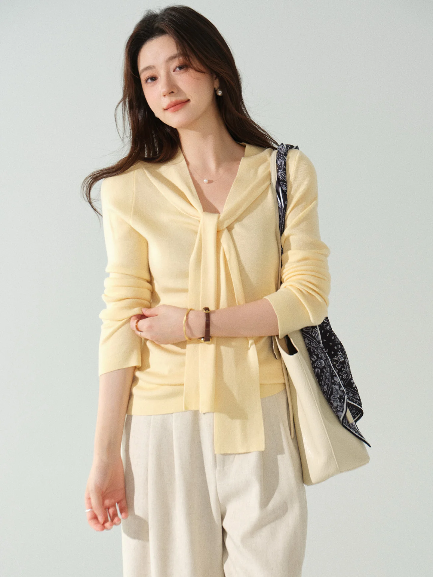 Women Elegant Knit Top V Neck Sweater Slim Stylish Long Sleeve Blouse Autumn Design Sense Pullover with Tie Detail Layered Look