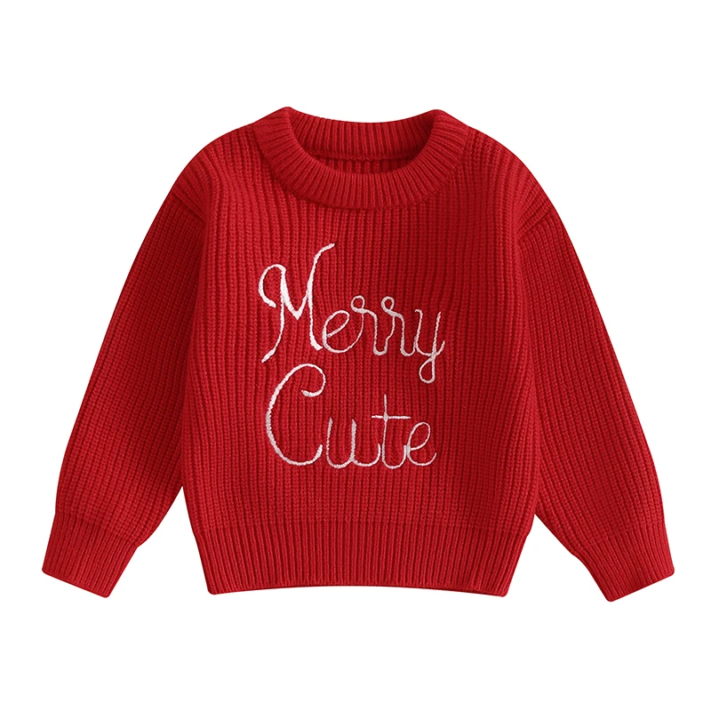 

Toddler Christmas Sweaters Letter Embroidered Long Sleeve Round Neck Ribbed Knitted Pullover