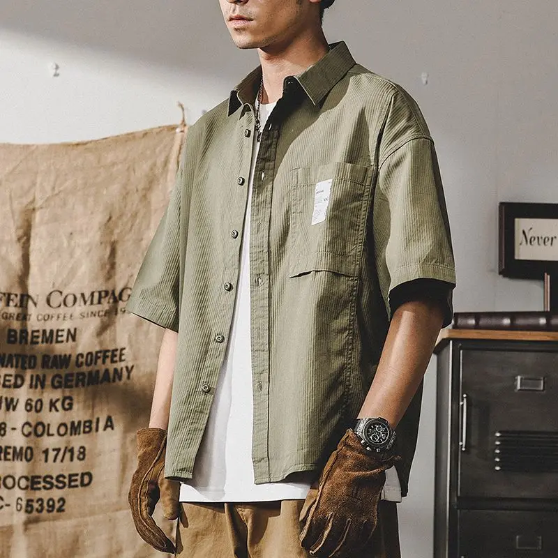 American Casual Work Shirt Men Short-sleeved Summer Trendy Japanese Half-sleeved Cardigan Loose Jacket