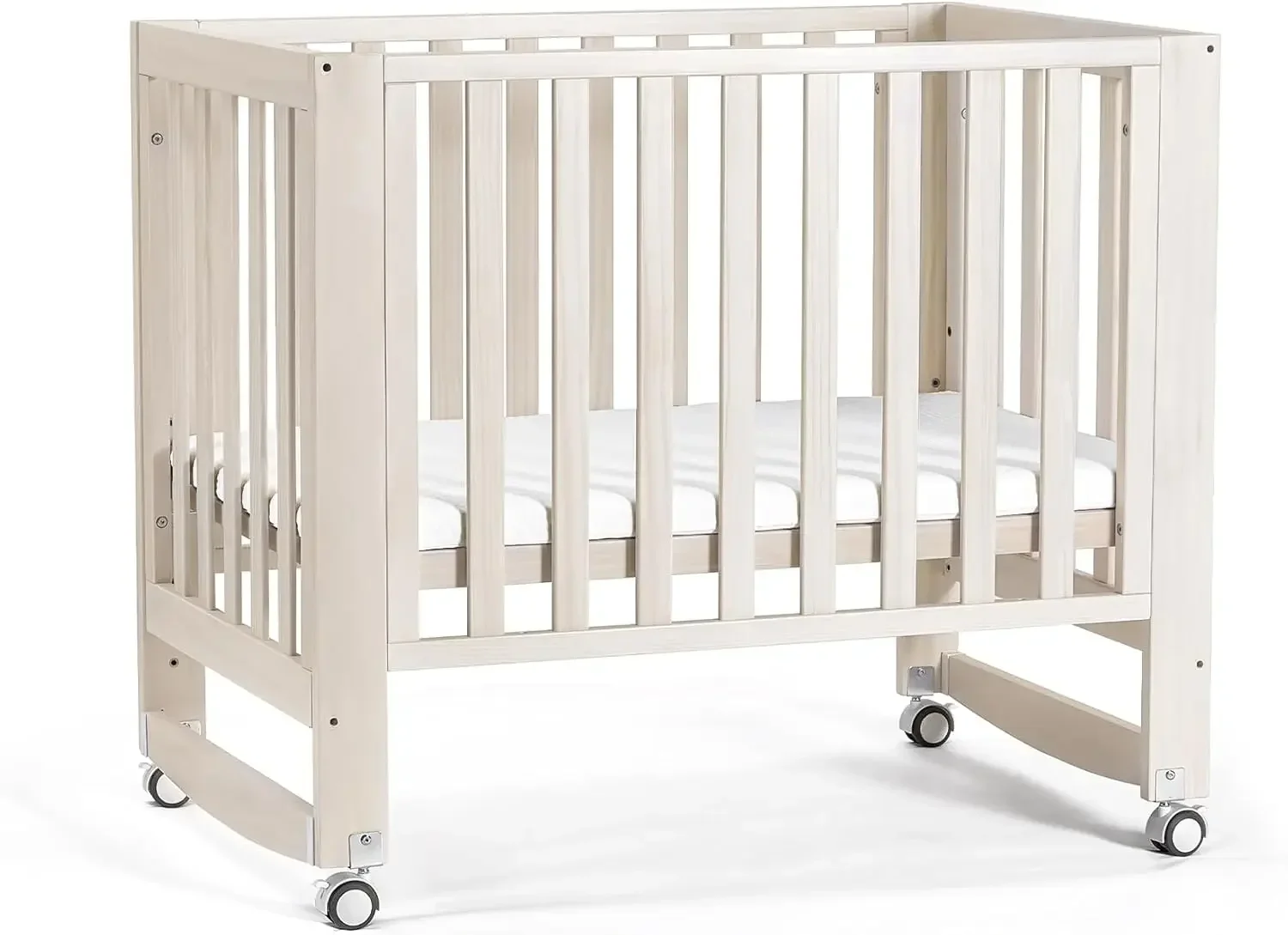 Babybedje, 6-in-1 converteerbare minibedje met wielen, nieuw-Zeeland grenenhouten bed, 4 verstelbare matrashoogtes