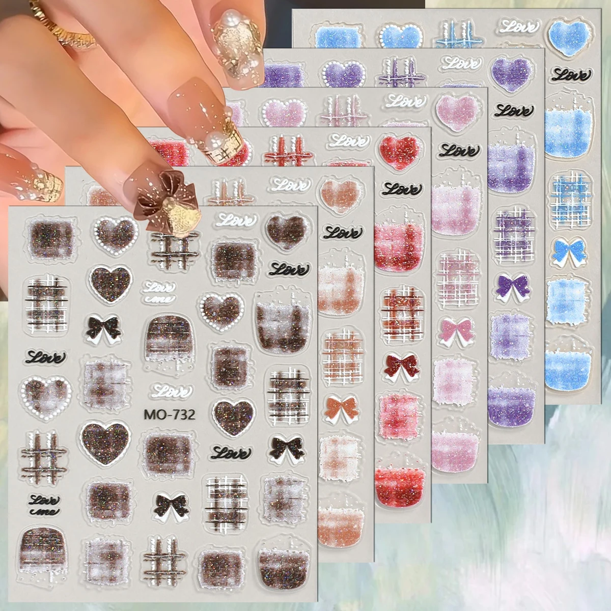 3/6/12 Blatt 5D Tweed Karierte Herz-Schleife Liebe Nagelaufkleber Glitzer Selbstklebende Valentinstag Nagelsticker