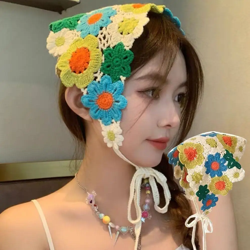 

Fashion Handmade Crochet Hollow Triangle Hair Scarf French Pastoral Little Flower Headscarf Hat Travel Literary Photo Hair Scarf