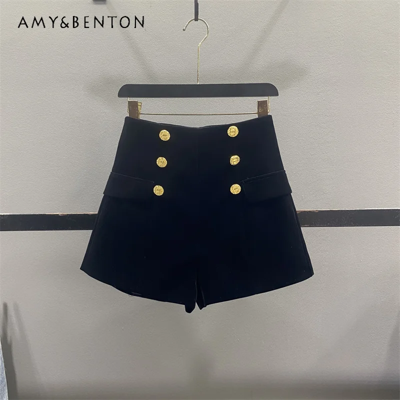 

Autumn Winter Elegant High Waist Double-Breasted Casual Women's Trousers Vintage Design Hot Girl A-Line Wide-Leg Shorts Ladies