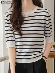 ZANZEA Women Summer Tops Elegant Half Sleeve Striped Blouse Casual Loose T-Shirts Fashion Office Work Shirt Stylish Knitted Tops