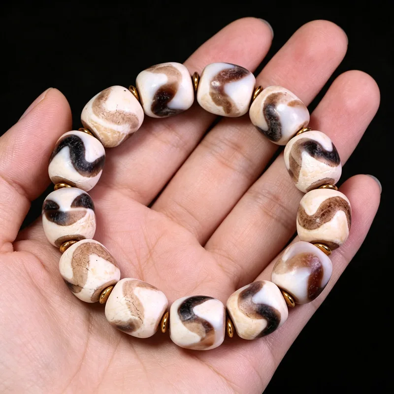 Tibetan Old Mine Agate/Fire Offering Calcified Beads/14X13Mm Dzi Bead Bracelet