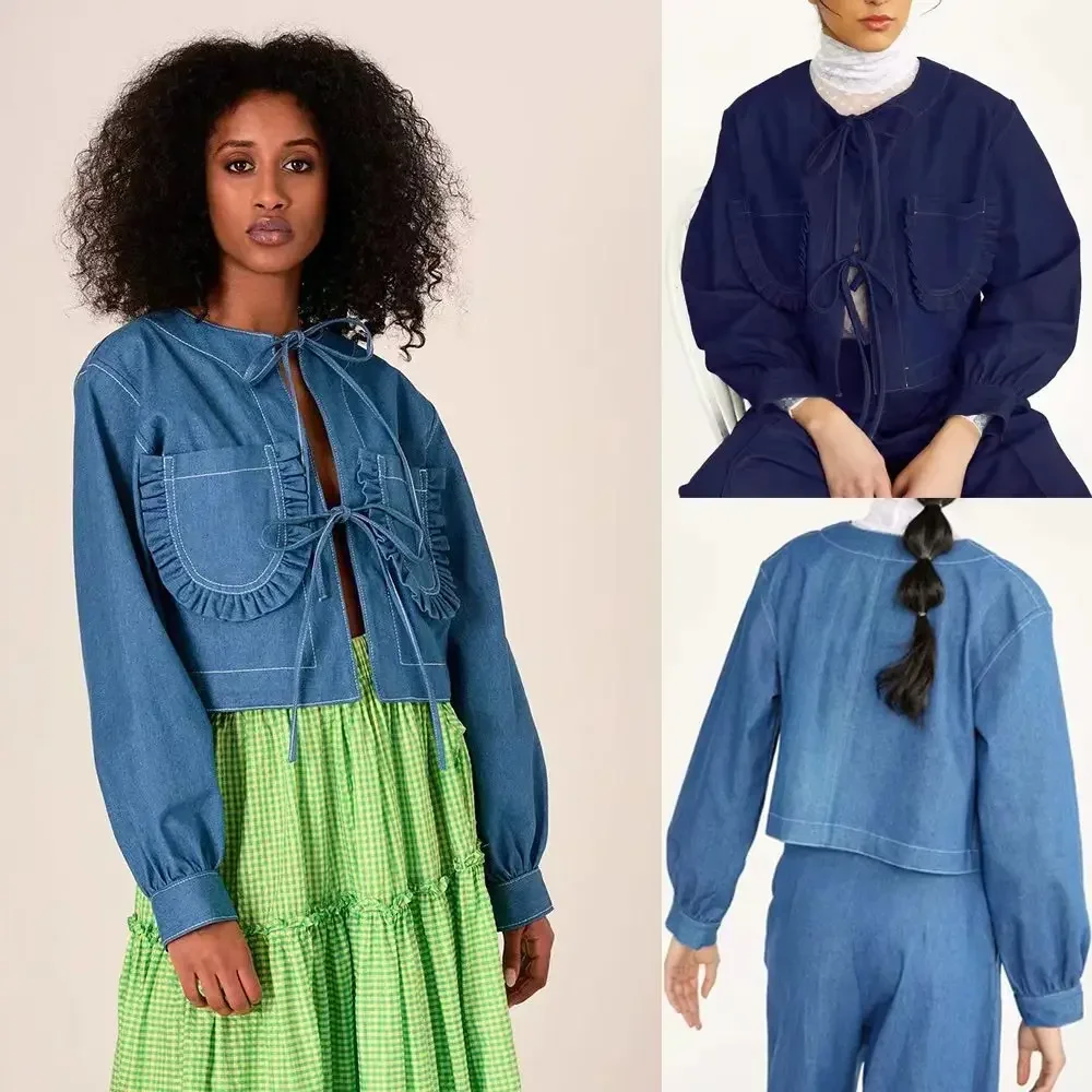 

Women Denim Jacket Vintage Short Coat Round Collar Lace Up Washed Distressed Pockets Overcoat 2025 Streetwear Female Outerwear