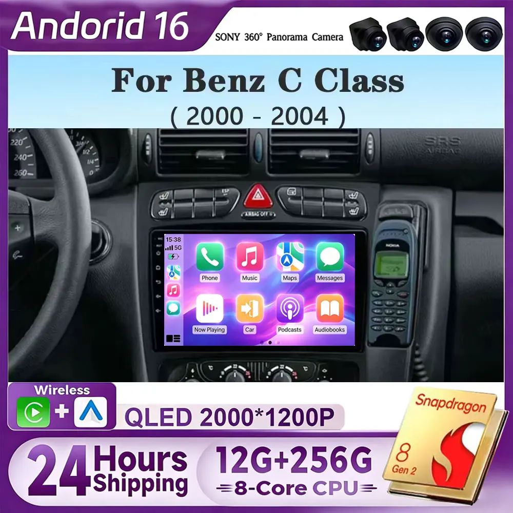For Mercedes Benz C Class S203 CL203 W203 2000 - 2004 Android 16 Carplay Auto Car Radio Multimedia Video Player Navigation GPS