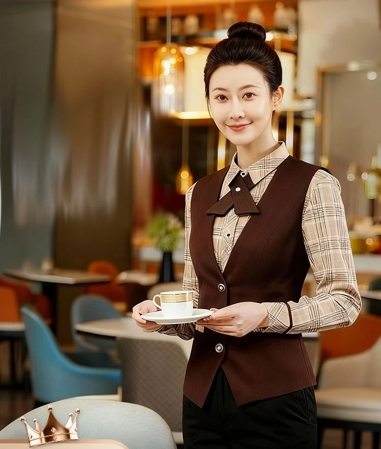 호텔 레스토랑 커피 바텐더 바 웨이터 유니폼 세트 앞치마 포함 긴 소매 음식 서비스 유니폼 바 작업복 셔츠