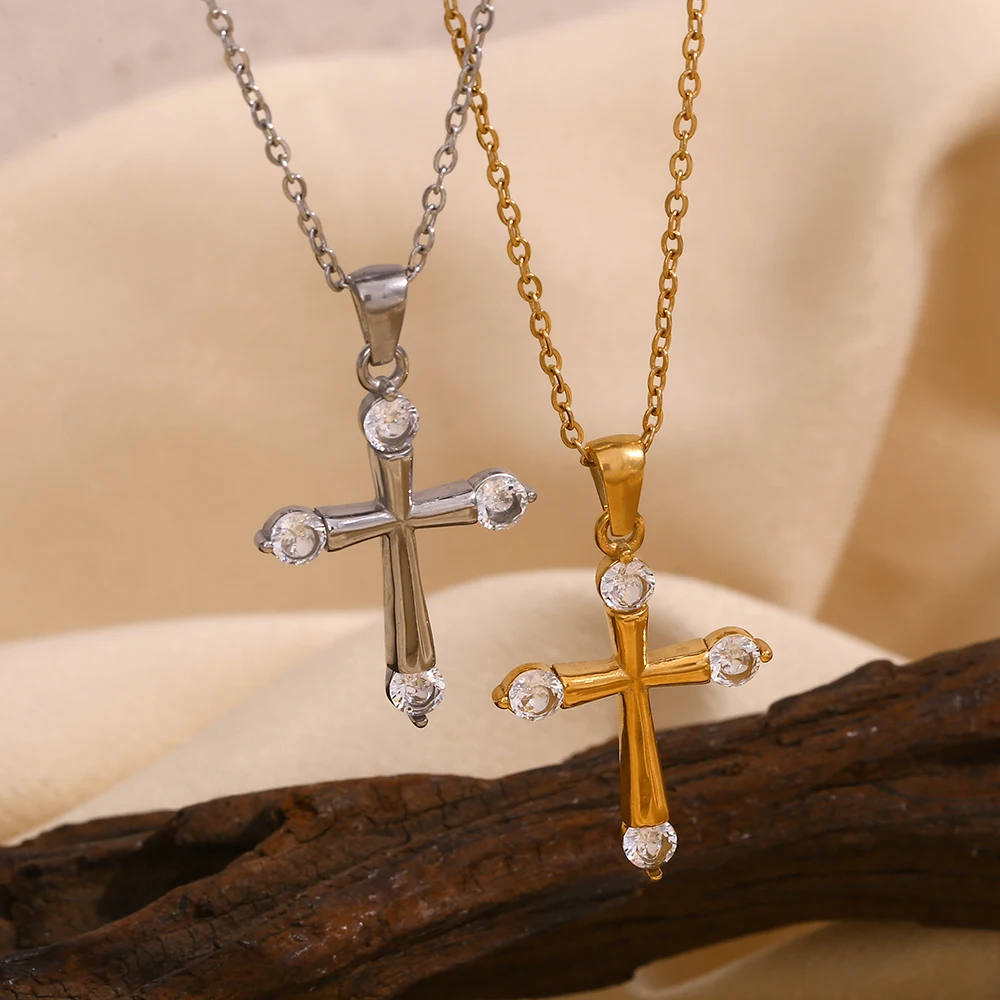 E.B.belle Minimalist Style Glossy Rhinestone Cross Pendant Necklace Tarnish Free Hypoallergenic 316L Stainless Steel For Women