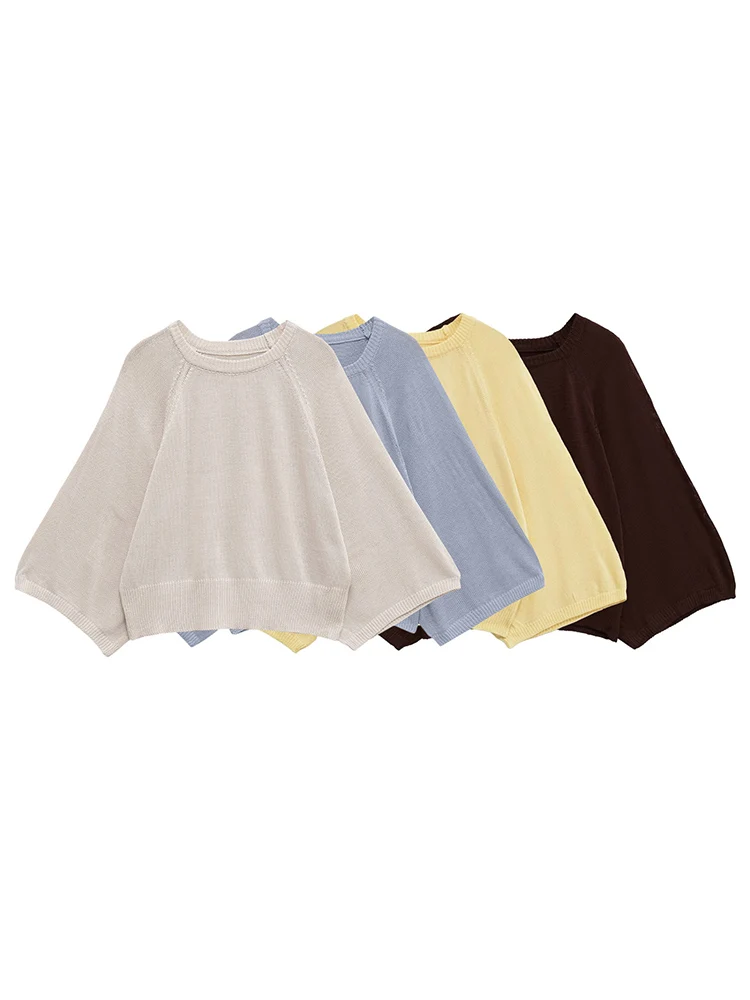 

European and American style summer new women's clothing simple temperament solid color wide sleeve fashionable round neck sweate
