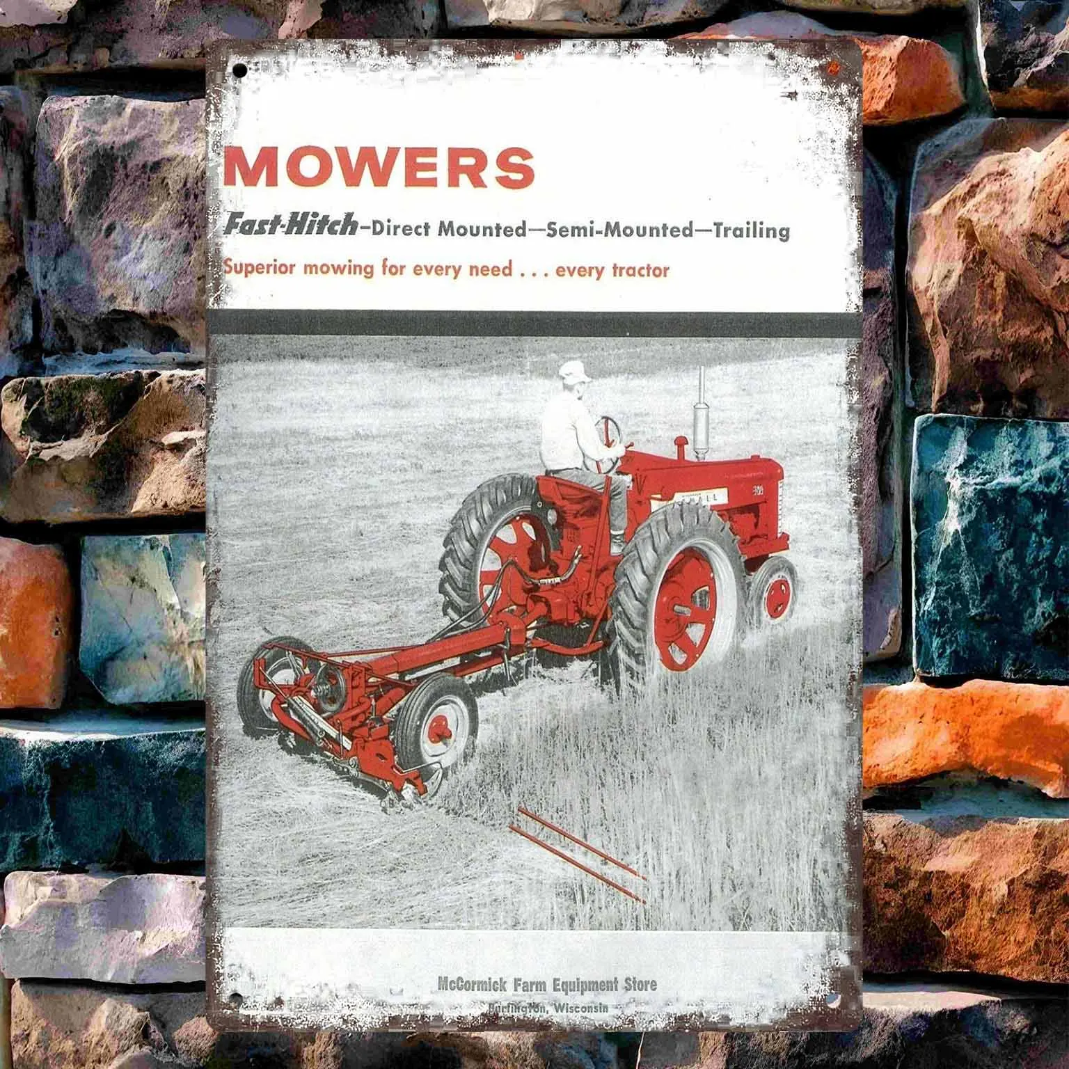 Whimsical Drawing of a Happy Tractor and Barn Animals Vintage Metal Wall Sign Decor Poster Frames Garage Living Room