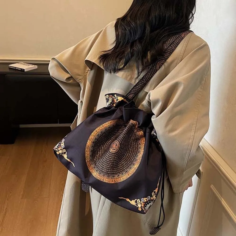 

Хлопковая сумка Hanfu на шнурке с цветочными персонажами, сумка на плечо с китайским принтом, карманная сумка с вышивкой в этническом стиле для девочек