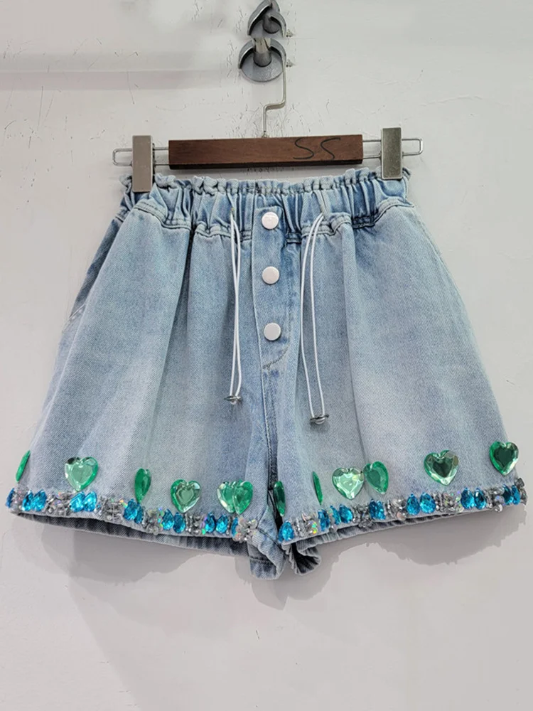 

Women Beading Love Green Diamond Denim Shorts 2023 Summer New Fashion Tide High Waist Drawstring Wide Leg Hot Short Jeans Y344