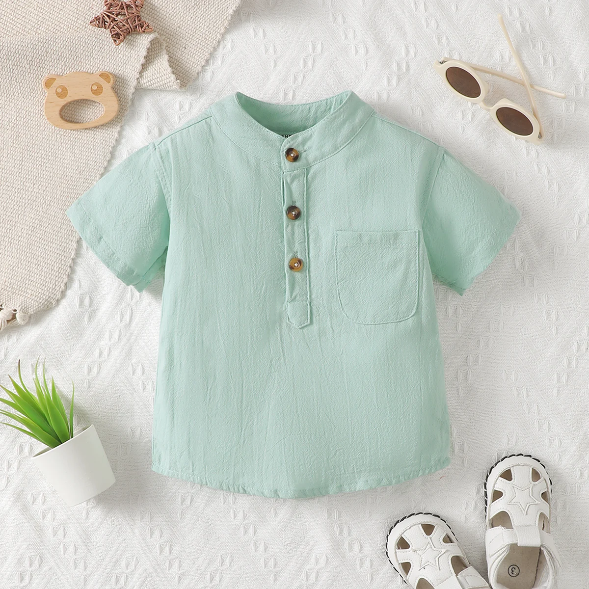 Baby Boys Mint Green Small Fresh Top Small Stand Collar Pocket All Short Sleeved Baby Boys Partial Formal Wind Summer T-Shirt