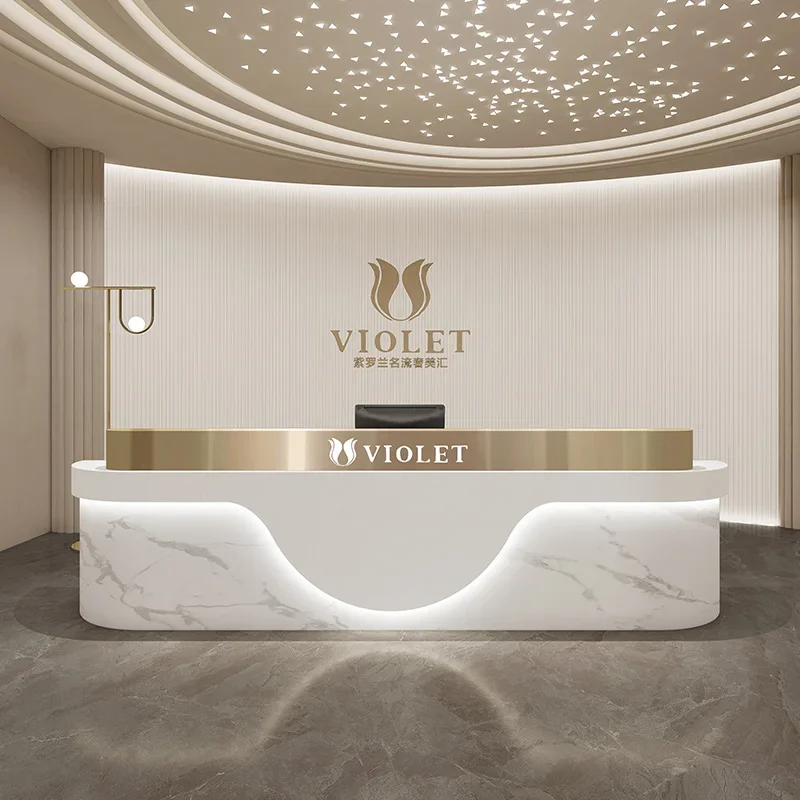 Salon Reception Desk Barber Shop Counter Bureau Bar Furniture Hairdressing Corner Office With Storage Luxury Bureau Curved