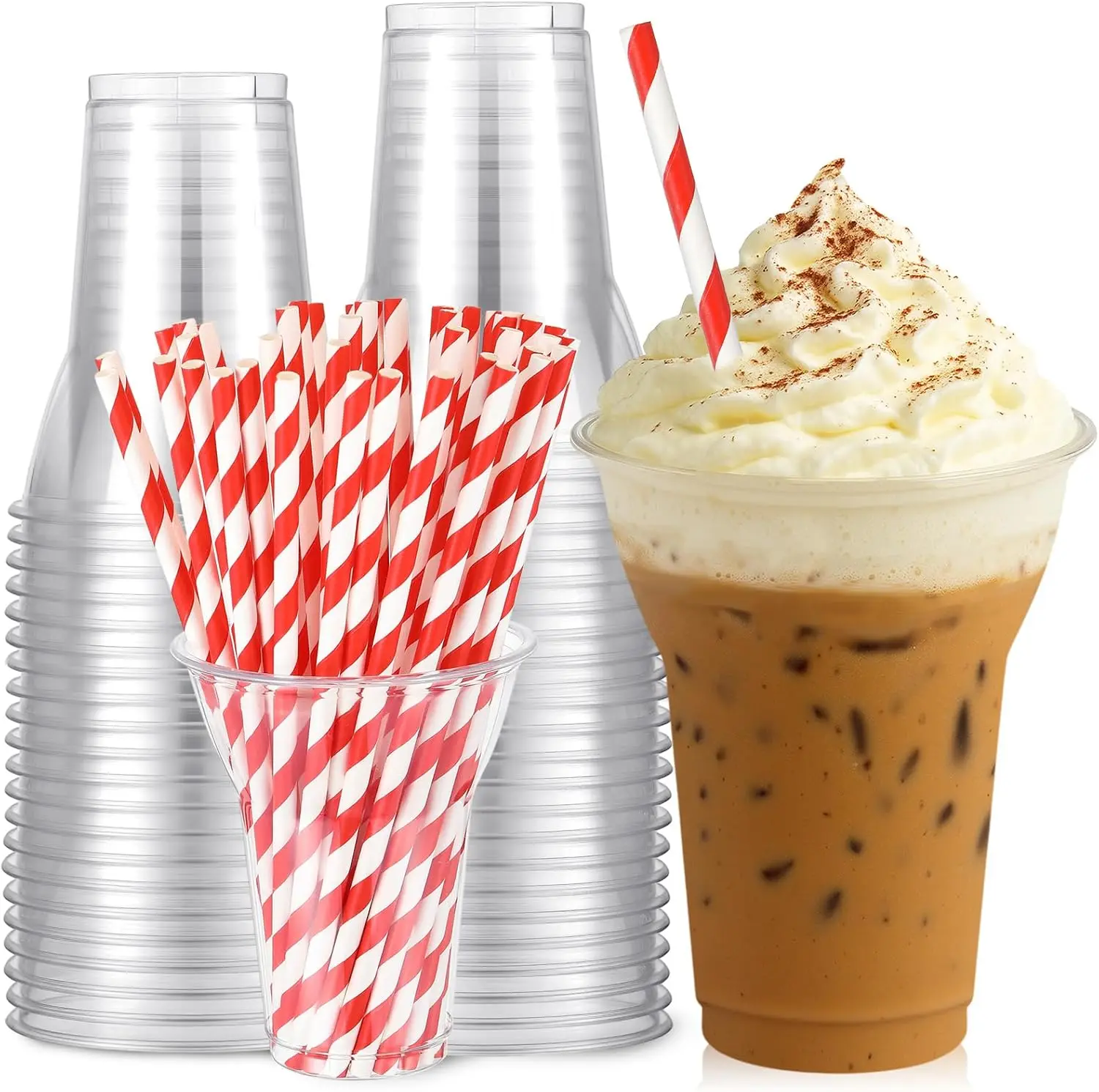 

50 Sets Clear Plastic Parfait Cups with Red Paper Straws Disposable Root Beer Float Cups Sunda Ice Cream Glasses for Yog
