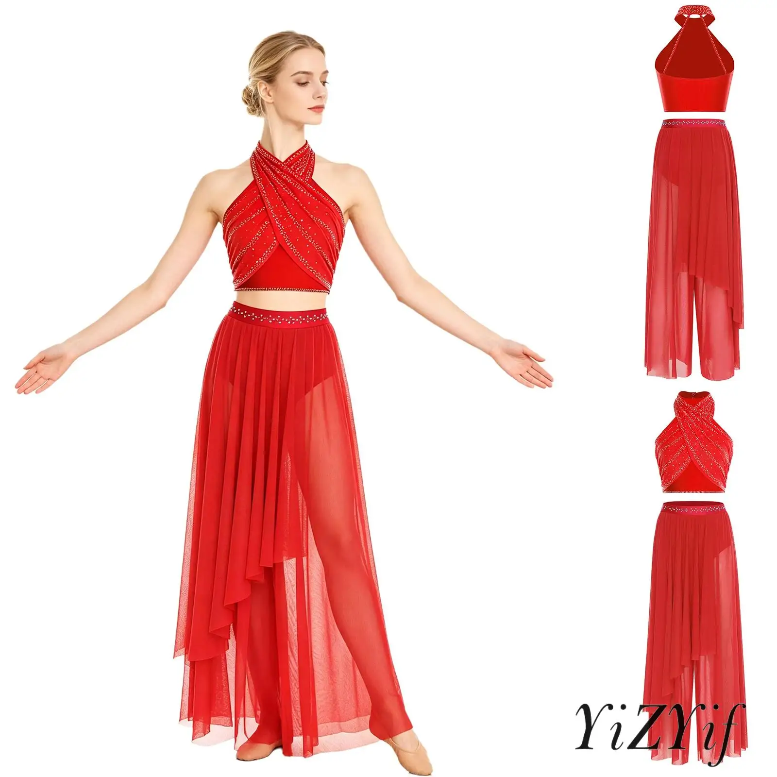 Womens Lyrical Ballroom Latin Dance Costume Halter Backless Rhinestone Top and Wide Leg Mesh Pants Modern Ballet Dancewear