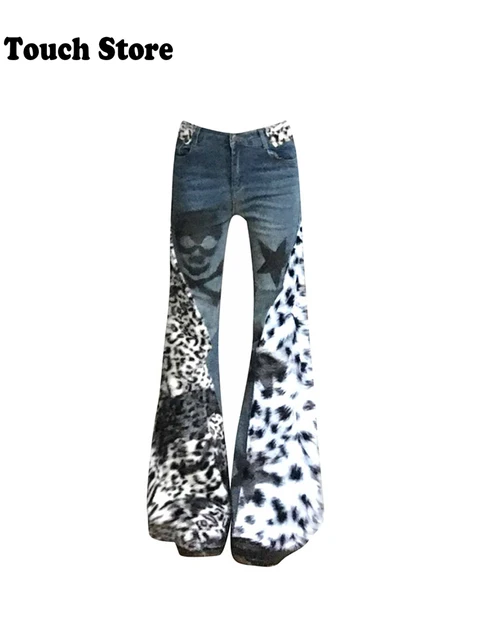 Damskie Goblin Core Flare Jeans Grunge Japanese Low Rise Gyaru Y2K Skull Dark Academia Denim Pants Bell-Bottom Leopard Patchwork