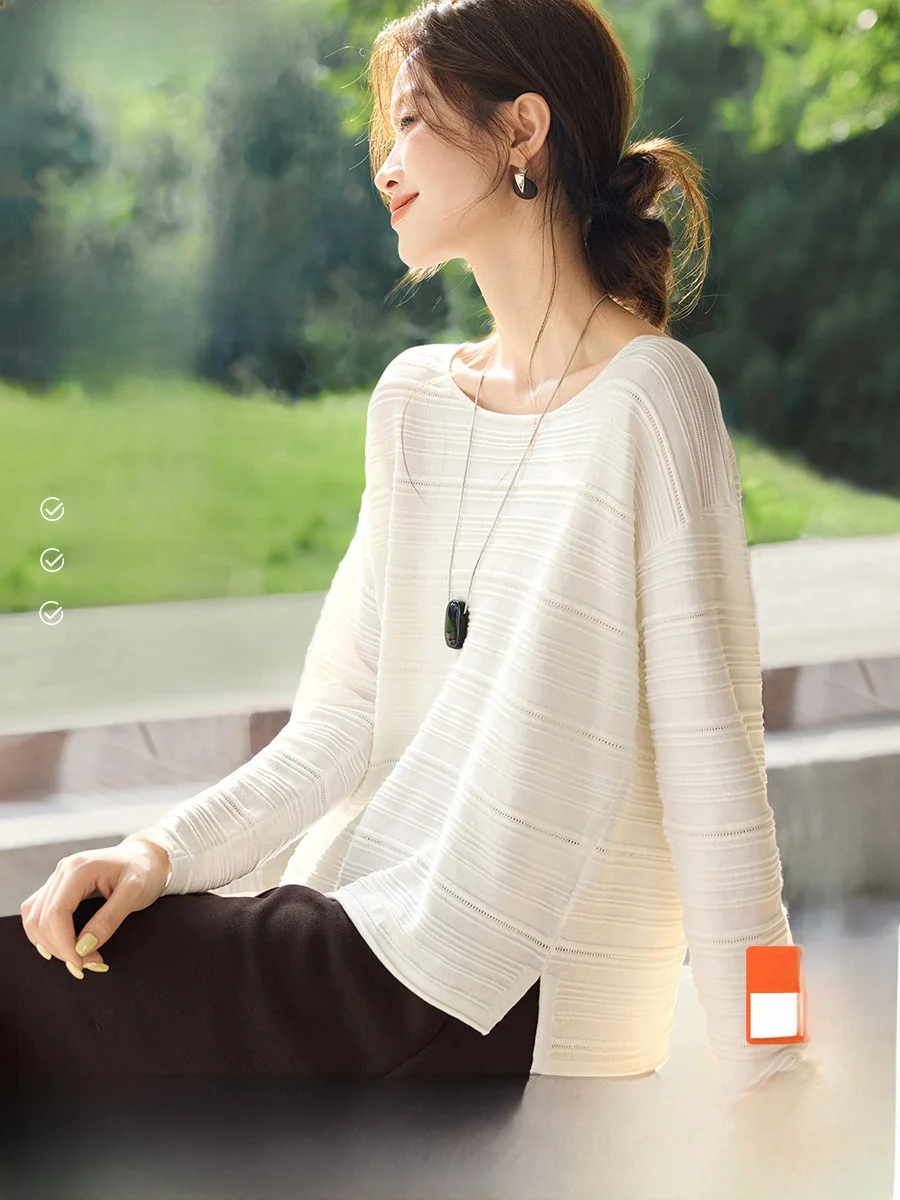 

Mo Han Mei Silk Wool Overhead Sweater Hollow out Textured Striped Autumn New Sle Women's Comfortable Warm Long Sve Cr...