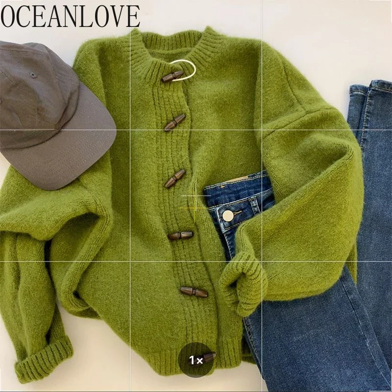 OCEANLOVE Green Cardigans Korean Fashion Thick Solid Warm Vintage Women Sweaters Autumn Winter Horn Button Knitwears Tops