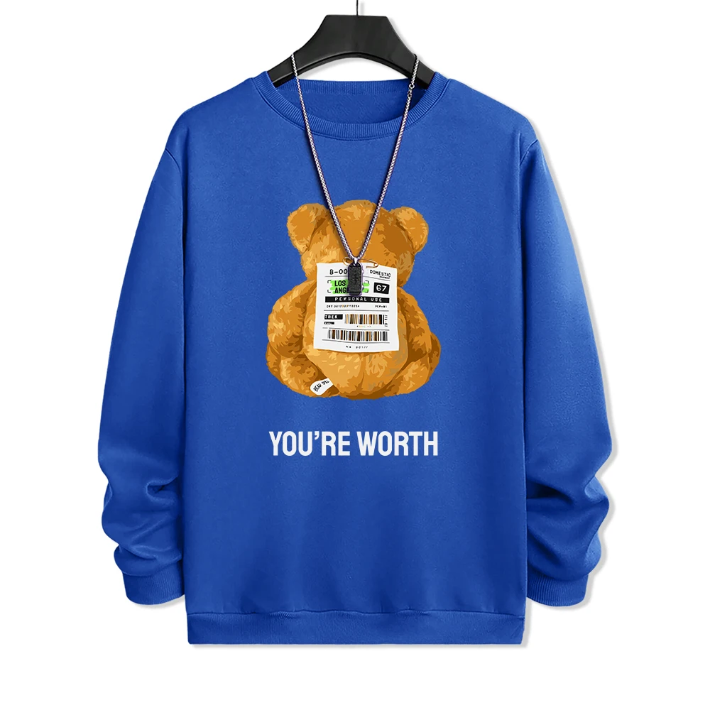 You Are Worth Cartoon Bear Printing Sweatshirt Mens Autumn Fleece Warm Tracksuit Simple S-Xxl Pullover Round Neck Basic Clothing