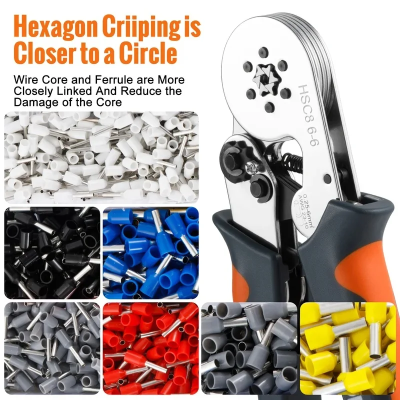 HSC8 6-6 Ferrule Crimping Tool 0.25-6mm² Self Adjusting Ratchet Wire Terminal Crimper Pliers for Electrician Cable Repair