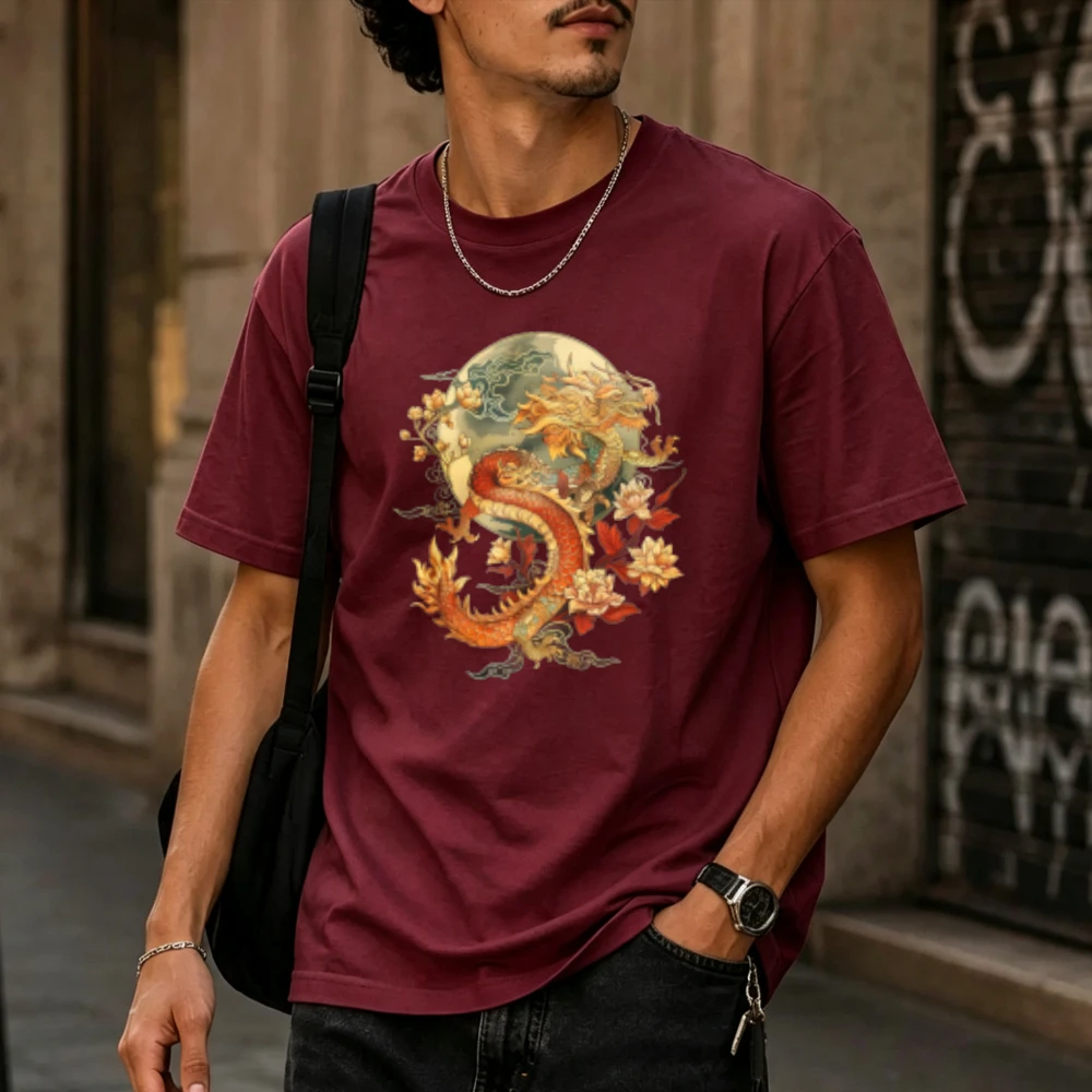 Men Pure Cotton T Shirt Traditional Chinese Golden Dragon Full Moon Peony Flower Ink Painting Print Oriental Luck Symbol Tees