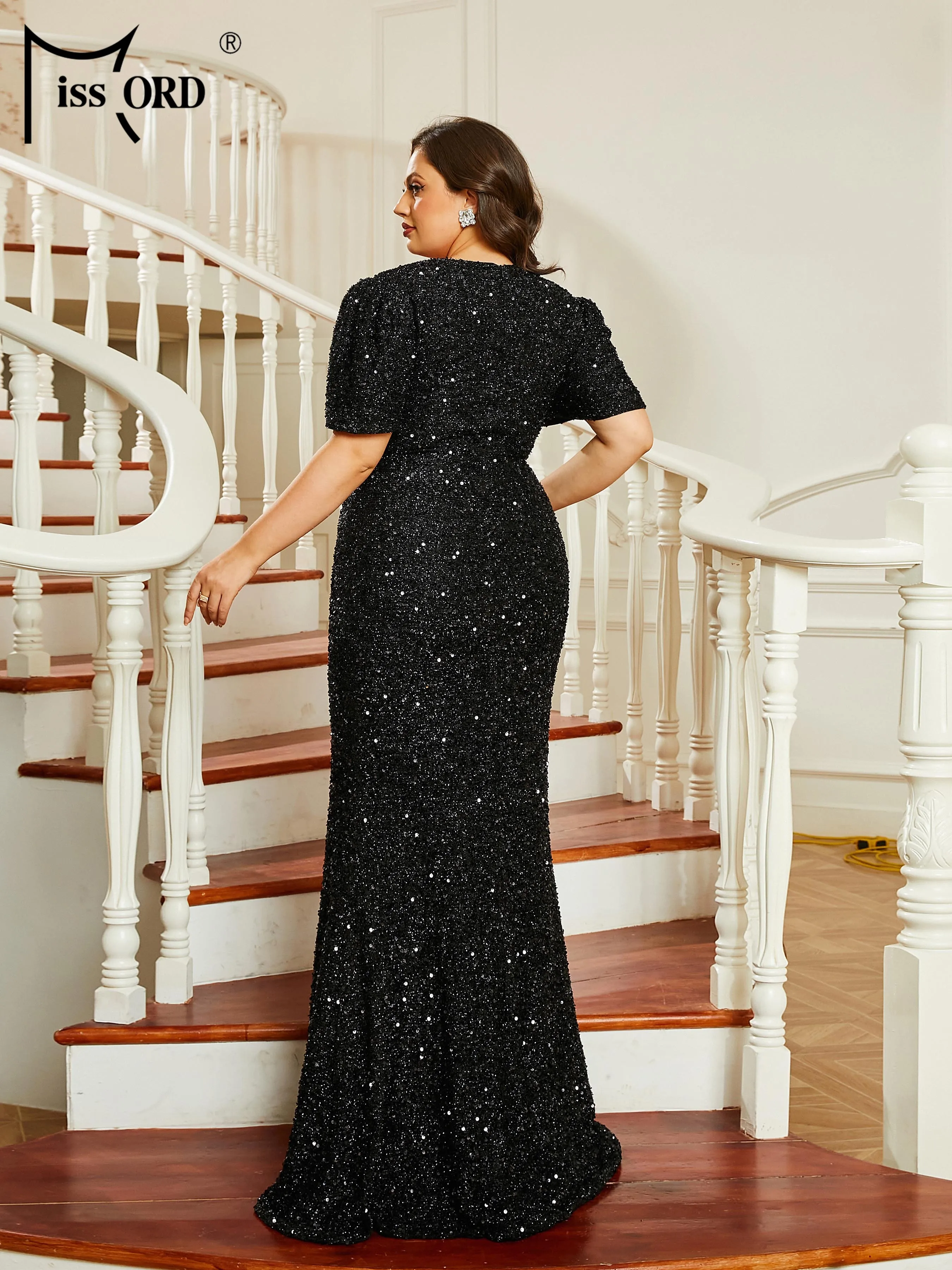 Missord New Plus Size Elegant Dresses For Women 2023 Short Sleeve Sequin Split Black Prom Party Evening Dress