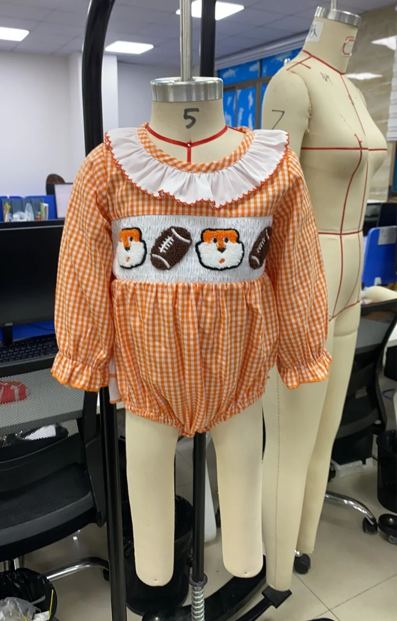 

Infant Baby Girl Plaid Football Romper Animal Rugby Embroidered Ruffle Trim Smocked Jumpsuit Fall Newborn Clothing