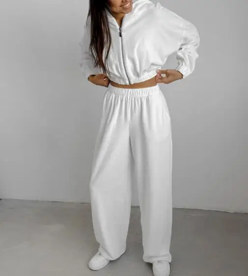 

Two Piece Set Women Outfit 2025 Spring White Casual Fashion Hooded Long Sleeve Zipper Top & High Waist Casual Sports Pants Set