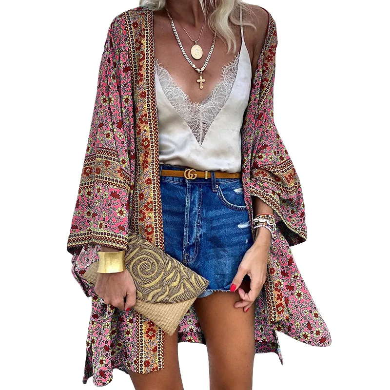 Bohemian Women Summer Beach Cardigan Vintage Holiday Shirt Floral Printed Long Sleeve Blouse Kimono Tops Open Up Cover