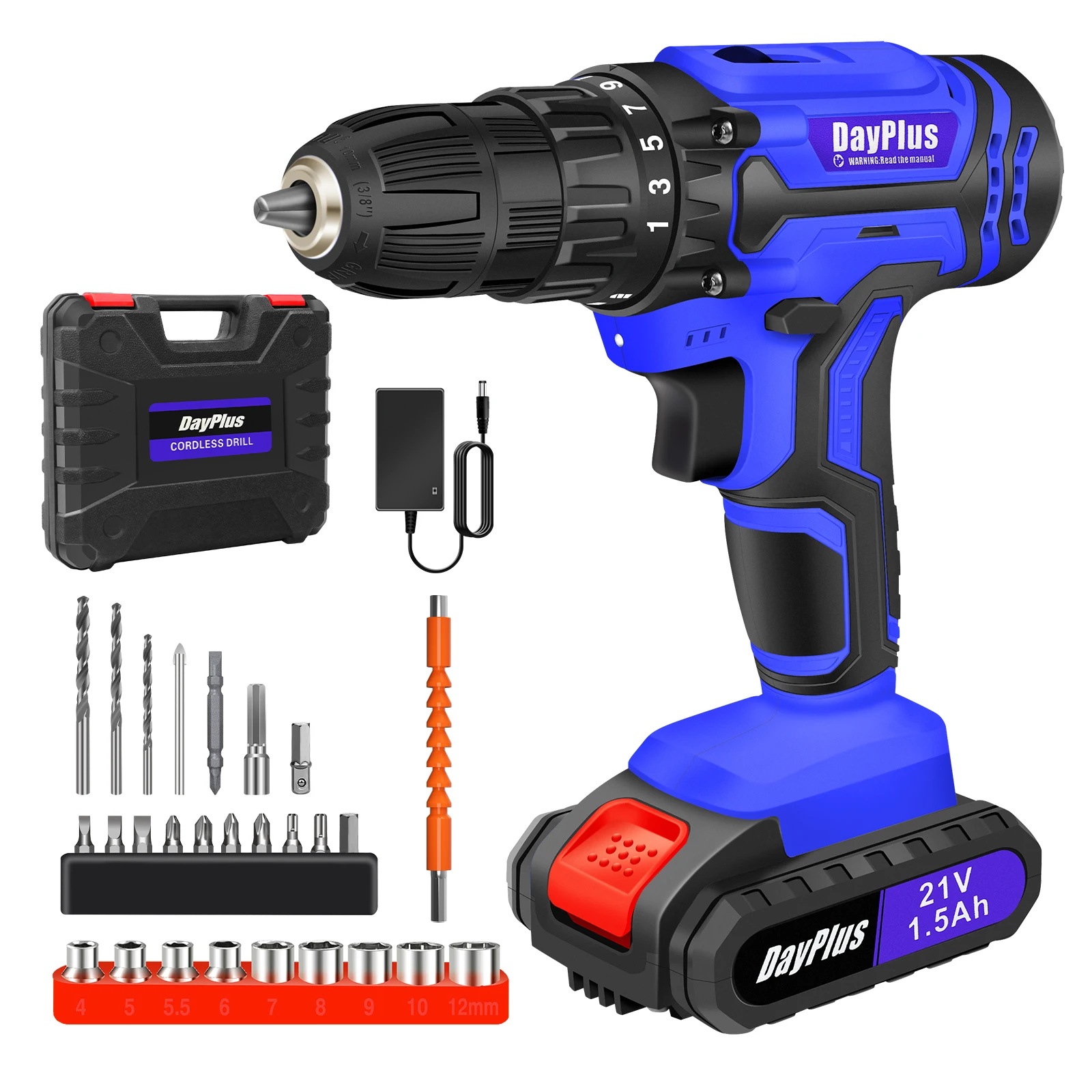 

45Nm Cordless Drill Set, Impact Driver, 25+1 Torque, 21V 1.5Ah Battery, Fast Charger, 400-1400RPM, 2 Speed, 26 pcs Accessories