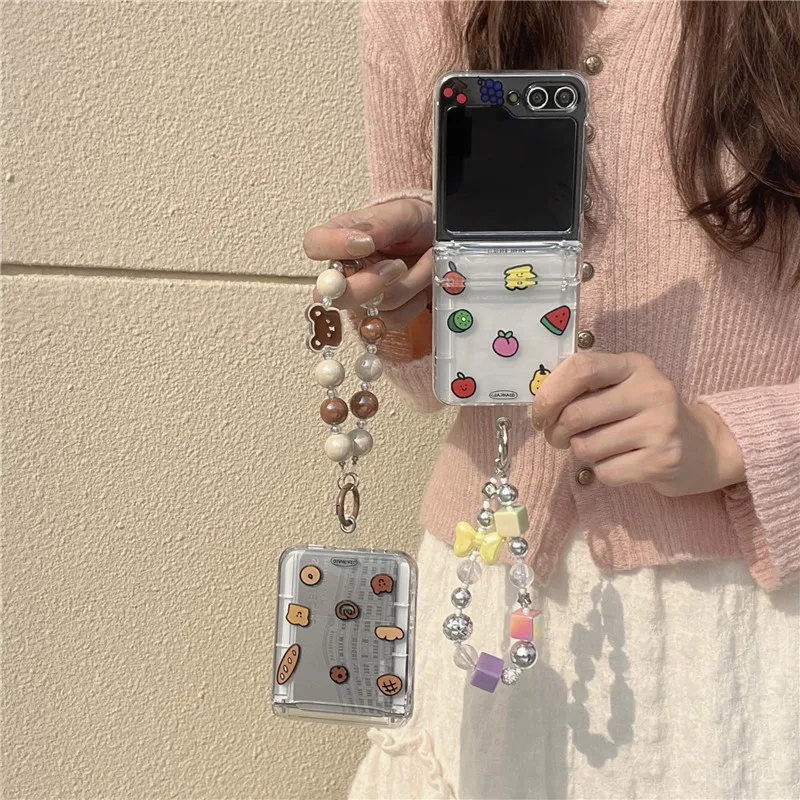 Cute Fruit Bracelet Phone Cases For Samsung Galaxy Z Flip 3 4 5 Z Flip5 ZFlip5 Transparent Insert Cards Shockproof Back Cover