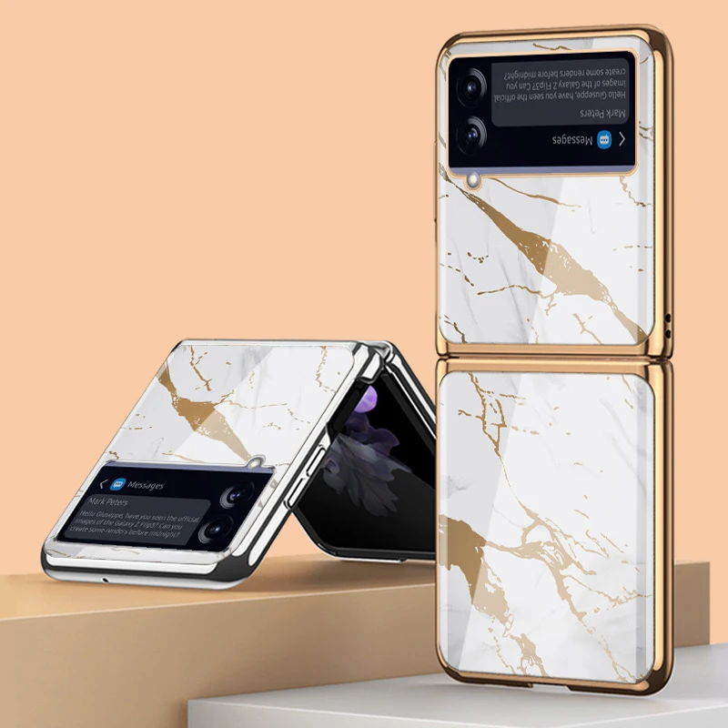 

Z Flip 4 Funda Case for Samsung Galaxy Z Flip 4 3 2 1 Gold Line White Marble Tempered Glass Coque Protection Phone Case Cover